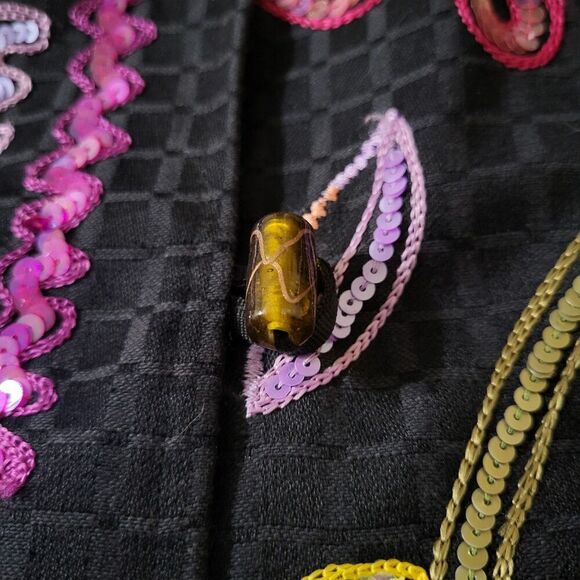 Black Jacket Bright Floral Accents Glass Buttons M Sequined Embroidered Alex Kim - Picture 3 of 11